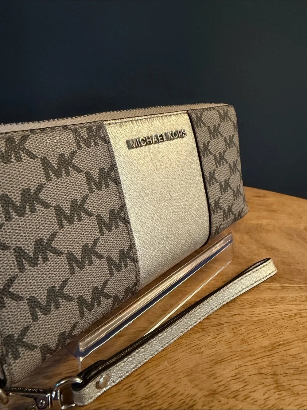 Michael Kors Silver/Gray Logo Zip-Around Wristlet Wallet